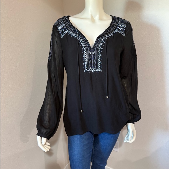 White House Black Market Tops - White House Black Market Black Blouse with Blue Embroidery